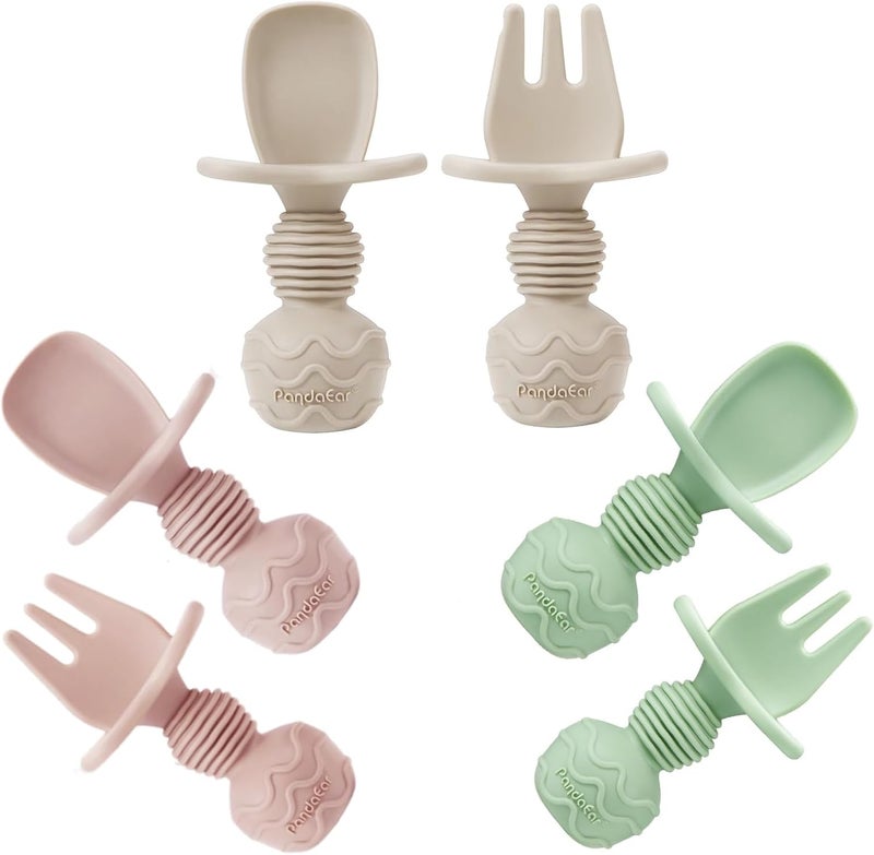 PandaEar 6 Pack Silicone Baby Spoons and Fork Feeding Set- Anti-Choke First Self Feeding Utensils for Baby Led Weaning Ages 3 Months (Pink, Green&Linen) - Image 1